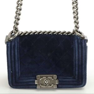 Chanel Mini Boy Flap Bag Blue Quilted Velvet 2010s Authentic‎ Pre-Owned